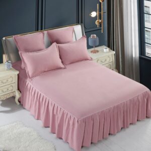 Lenjerie de pat cu volan decorativ, bumbac uni gros, roz